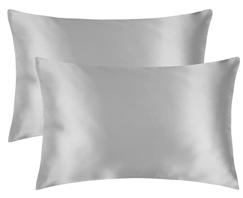 Satin Pillow Case Queen Size 2 Pack- Silver Grey Pillowcase for Hair and Skin 20x26 Inches Satin Silk Pillow Covers with Envelope Closure