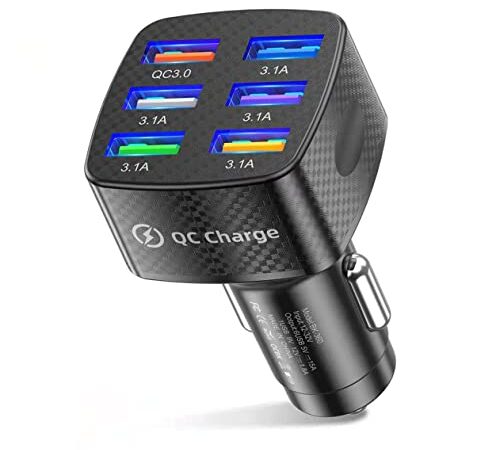 6-Port USB Fast Car Charger, QC3.0 Fast Charging Car Charger Adapter, 6 Multi Port Cigarette Lighter USB Charger, Car Phone Charger Compatible with iPhone & Android,Samsung Galaxy S10 S9 Plus and More