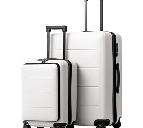 COOLIFE Luggage Suitcase Piece Set Carry On ABS+PC Spinner Trolley with Pocket Compartment Weekend Bag (White, 2-Piece Set)