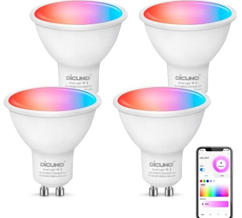 DiCUNO GU10 Smart Bulb, Color Changing LED Light Bulbs Compatible with Alexa and Google Home, Dimmable Spotlights with App Control, MR16, 5W (50W Equivalent), 450 Lumens, GU10 RGBCW, Pack of 4