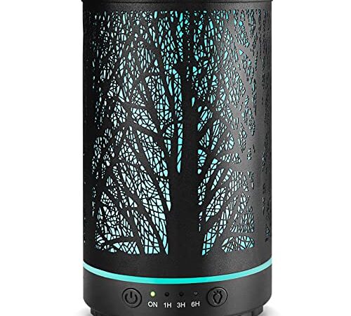 INRORANS Matte Black Metal Tree 200ml Essential Oil Diffuser Aromatherapy Diffuser with Intermittent Design 7 LED Colors Night Light Ultrasonic Diffuser for Bedroom Office Hotel Home Décor