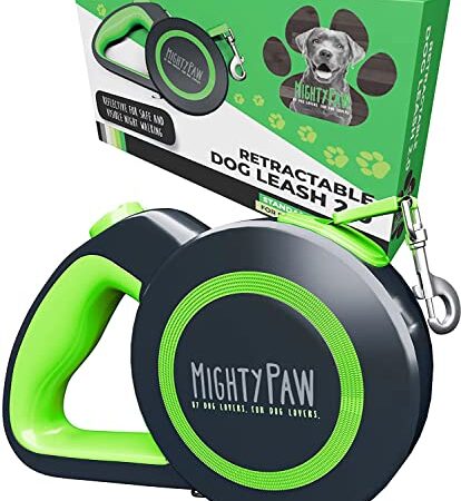 Mighty Paw Retractable Dog Leash 2.0 | 16’ Heavy Duty Reflective Nylon Tape Lead for Pets Up to 50 LBS. Tangle Free Design W/ One Touch Quick-Lock Braking System & Anti-Slip Handle. (Green/Lite)