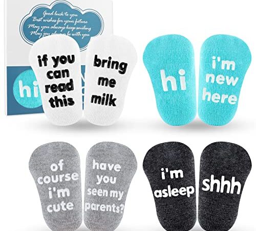 Moyel Baby Socks for Girls/Boys 0-12 Months Non Slip Unisex Cute Funny Baby Gifts for Newborn Baby Boy Gifts Baby Shower Gifts Baby Girl Gift Set for New Born Christmas New Mom Dad, 4 Pack