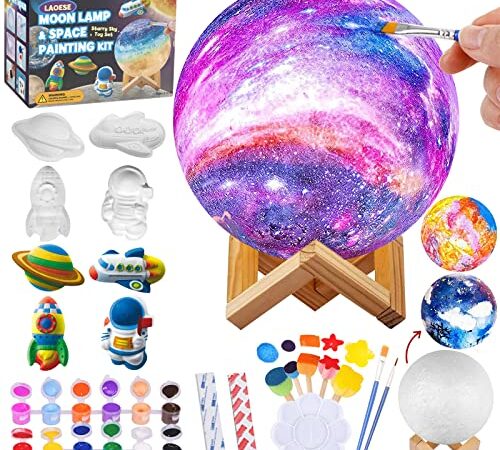 Paint Your Own Moon Lamp Kit, DIY 3D Moon Night Light with Space Figurines & Wooden Stand, Art Supplies Creativity Arts & Crafts Kit for Kids, Toys Girls Boy Birthday Gift Ages 3 4 5 6 7 8 9 10 11 12+