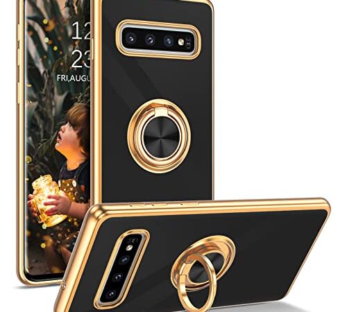 Samsung Galaxy S10 Case, DUEDUE Samsung S10 Case, Slim Soft Silicone Cover with 360 Degree Rotation Magnetic Car Finger Ring Holder Kickstand Shockproof Protective Women Men Cases for Samsung Galaxy S10, Black