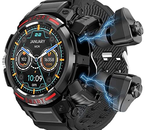 Smart Watch with Earbuds Built-in Bluetooth Headphones MP3 Voice Recorder Call Fitness Tracker Watch Blood Oxygen Heart Rate Sleep Monitor Activity Tracker 1.43 inch HD Touch Screen (Color : Black)