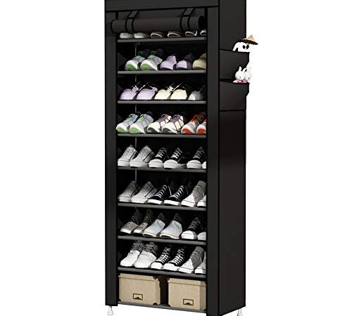 UDEAR 9 Tier Shoe Rack with Dustproof Cover Shoe Shelf Storage Organizer Black