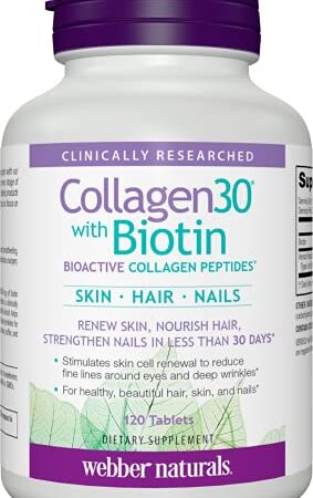 Webber Naturals Collagen30 with Biotin, 2,500 mg of Bioactive Collagen Peptides with 5,000 mcg of Biotin Per Serving, 120 Tablets, For Advanced Nourishment of Skin, Hair and Nails