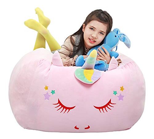 Yoweenton Unicorn Bean Bag Chair for Girls Room Decor, Stuffed Animal Storage, Kids Chairs, Toy Organizers Storage Beanbag Large Size 24x24 Inch Velvet Extra Soft Cover ONLY