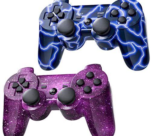 2 Pack Controller for PS3 Wireless Motion Sense Dual Vibration Upgraded Gaming Controller for Play 3 with Charging Cord (Blue and Purple)