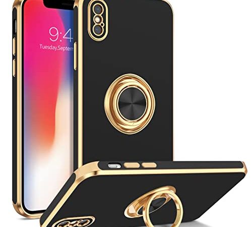 BENTOBEN iPhone Xs Case, iPhone X Case Ring Holder Edge Plating Rotation Kickstand Soft Silicone TPU Bumper Women Girls Slim Flexible Anti Slip Shockproof Protective Case for iPhone Xs/X 5.8", Black