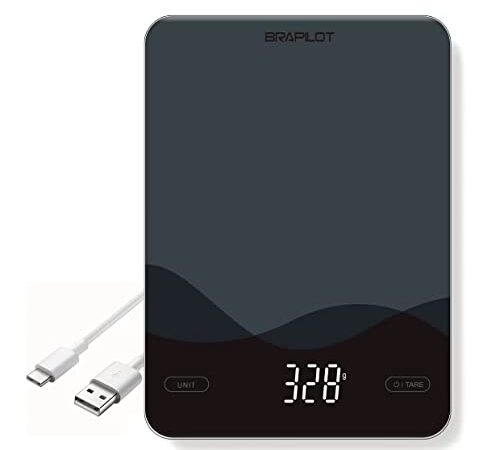 BRAPILOT Digital Food Kitchen Scale Rechargeable, Touch-Key, LED Display Shows Weight in Grams Ounces Milliliters and Pounds,10kg/22lb Capacity for Meal Prep Cooking Baking - 8.7 X 6.4 X 0.56 Inches