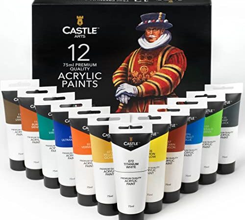 Castle Art Supplies 12 x 75ml Acrylic Paint Set | Massive Value Set for Starters or Adult Artists | Premium Quality Intense Colors | Smooth to Use on Range of Surfaces | In Stout Presentation Box