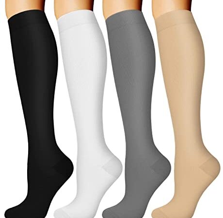 DHSO 4 Pairs Graduated Compression Socks for Men and Women(15-20 mmHg), Compression Stocking for Swelling, Running, Hiking, Travel, Nursing(4 Pack Black/White/Gray/Nude, Small-Medium)