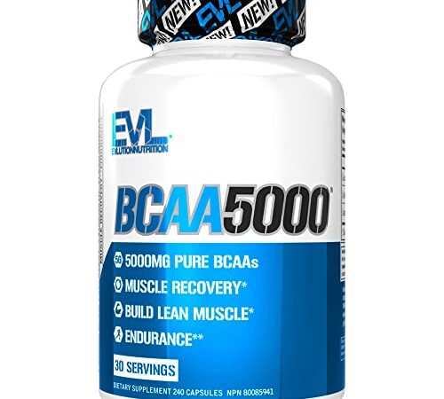 Evlution Nutrition BCAA5000 Capsules - 5 Grams of Branched Chain Amino Acids (BCAAs), Muscle Building, Keto Friendly, Zero Sugar, 30 Servings