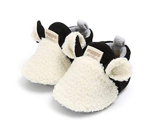 FAMI Infant Baby Cozy Fleece Slippers with Non Skid Bottom Newborn Boys Girls Winter Warm Socks Booties Stay On Crib House Shoes -White