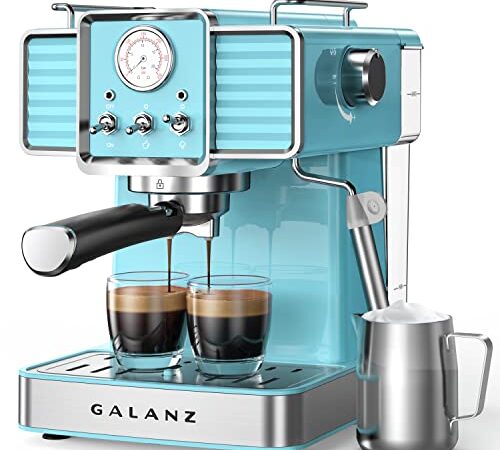 Galanz Retro Espresso Machine with Milk Frother, 15 Bar Pump Professional Cappuccino and Latte Machine, 1.5L Removable Water Tank, Retro Blue, 1350 W, 9.44" W x 11.61" D x 11.92" H (GLEC02BERE14)