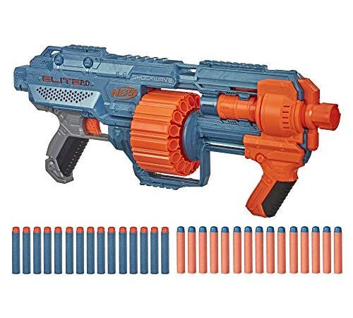 Hasbro Nerf Elite 2.0 Shockwave RD-15 Blaster, 30 Nerf Darts, 15-Dart Rotating Drum, Pump-Action, Built-in Customizing Capabilities