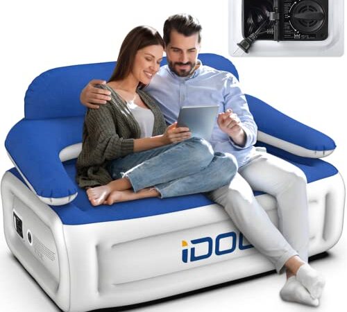 iDOO Inflatable Couch, Blow Up Sofa 3 Seater with Built-in Pump, Camping Inflatable Chair, Portable Air Couch with Backrest, Blow Up Lounger, 3-Min Fast Inflation Deflation, Easy to Storage