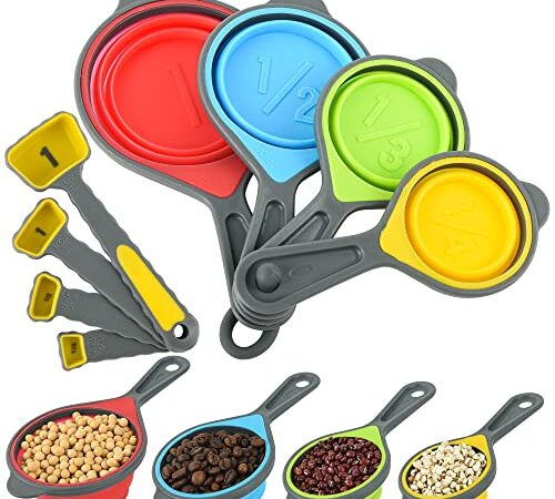 IFFMYJB Collapsible Measuring Cups and Spoons Set 8 Pcs, Collapsible Measuring Cups, Food Grade Silicone Measuring Cups for Liquid & Dry Measuring, Collapsible Measuring Tools Yellow (Random Rainbow)