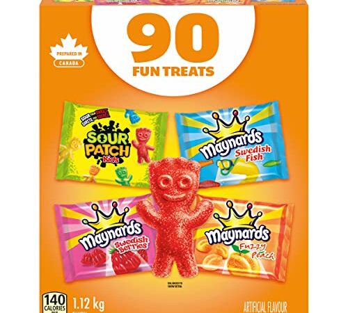 Maynards, Assorted Gummy Candy, Sour Patch Kids, Fuzzy Peaches, Swedish Berries, Fuzzy Peach, Bulk Candy, School Snacks, Individually Wrapped, 90 Bags, 1.12kg