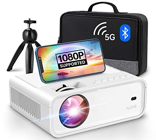 Mini Projector with 5G WiFi and Bluetooth W/Tripod & Bag, ALVAR 9000 Lumens Portable Outdoor Movie Projector 240" Display & 1080P Supported, Compatible with TV Stick/HDMI/VGA/USB/iOS & Android