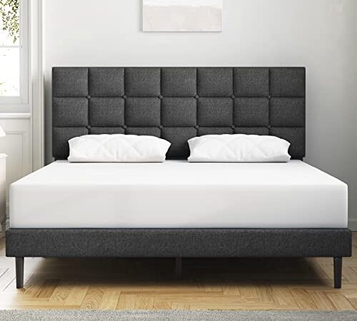 Molblly Queen Size Upholstered Platform Bed Frame, No Box Spring Needed &Easy Assembly, with Headboard and Strong Wooden Slats Queen Bed Frame Gray