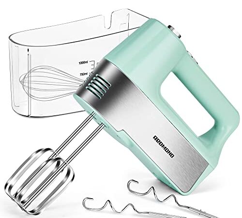 REDMOND Hand Mixer Electric, 5-Speed Hand Mixer with Measuring Storage Case, Kitchen Handheld Mixer Includes Dough Hooks, Whisk and Beaters for Cream, Cake, Cookies, Eggs 250W Hand Mixer with Measuring Box, HM018 Mint Green