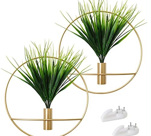 SAJANDAS Set of 2 Artificial Plants with Gold Metal Round Hanging Hoop for Wall Decor, Wall-Mounted Green Fake Plants in Metal Hoop for Modern Home Decor, Gold Wall Decor for Bedroom, Living Room