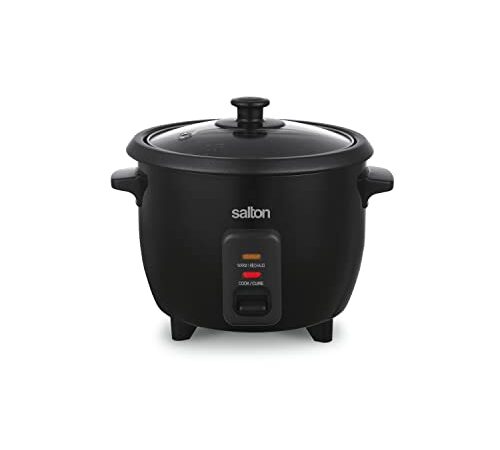 Salton 6 Cup Automatic Rice Cooker with Bonus Food Steaming Basket, Measuring Cup & Spatula, Removable Non-Stick Cooking Bowl for Quinoa, Oatmeal and More, Black (RC2104BK)