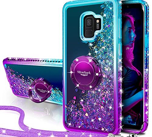 Silverback for Samsung Galaxy S9 Case with Ring Kickstand Lanyard, Moving Liquid Glitter Sparkle Holographic, Girls Women Bling Diamond Protective Cover for Samsung Galaxy S9 5.8 inch - Purple