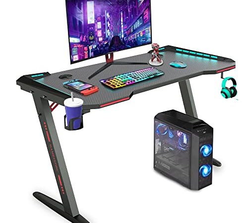 SK Depot™ Gaming Desk with RGB LED Lights, 39“, 47", 55" Z-Shape Computer Desk Professional Gamer Work Station with Cup Holder Headphone Hook and Handle Rack, for Study, Game and Work (39" Z)