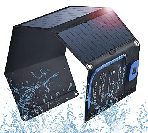 Solar Phone Charger, BigBlue 28W SunPower Solar Panels Charger with Digital Ammeter, Dual USB(5V/4A Overall), IPX4 Waterproof, Compatible with iPhone 13/11/Xs/X/8/7, iPad, Samsung Galaxy, Google Pixel