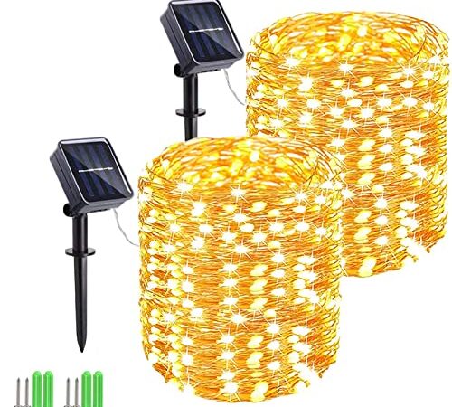 Solar String Lights, 2 Pack 55Ft 150 LED Solar Christmas Fairy Lights, 8 Modes Waterproof Outdoor Fairy Lights for Xmas Tree, Garden, Yard, Party, Outdoor Christmas Decorations(Warm White)