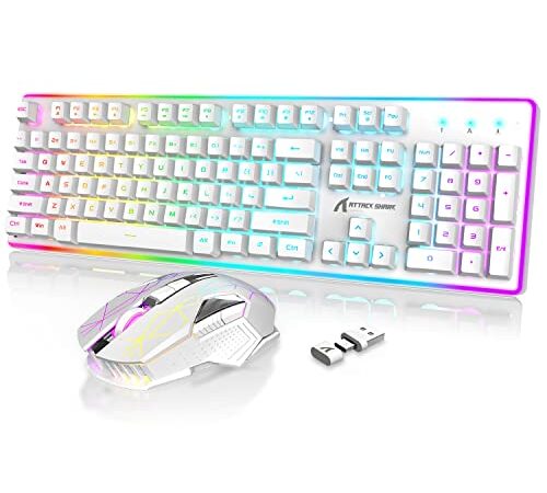 Wireless Gaming Keyboard and Mouse Combo,USB/Type C Dual Receiver,RGB LED Backlit,Rechargeable 4200mAh,Full Size Mechanical Feel,Silent Mouse,Mouse Pad for PC Mac,Laptop,Desktop,Smartphone(White)